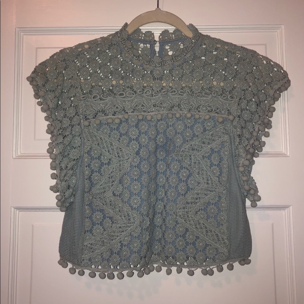 Never worn Tularosa light blue lace, crochet top.